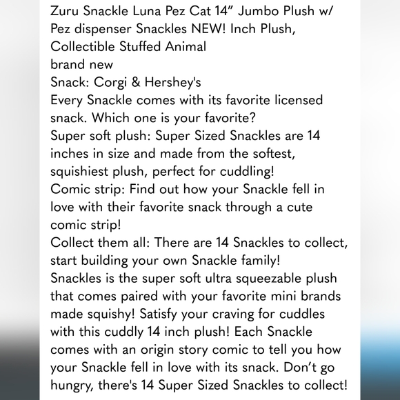 Zuru Snackle Luna Pez Cat 14” Jumbo Plush w/ Pez dispenser Snackles NEW! - Picture 5 of 5